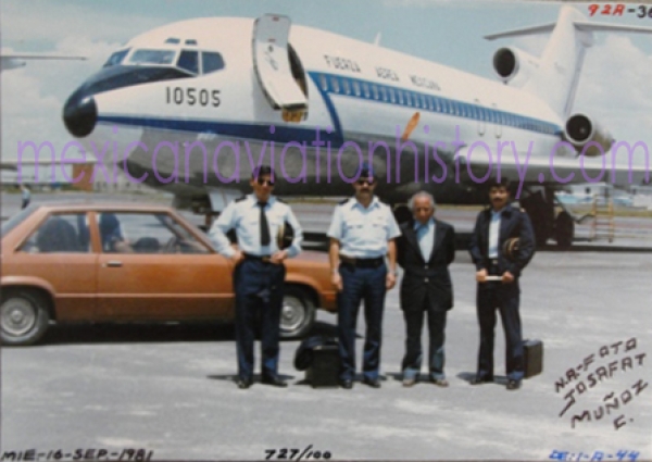 Boeing 727-100, FAM 10505, Escuadrón Aéreo de Transporte Logístico, Plataforma Militar, Cd de México. Miércoles 16 de Septiembre de 1981.  Mayor PA. Fernández Cano, Corl PA. Carlos Martínez, Capitán PA. Pablo Bañuelos. Foto Josafat Muñoz C.